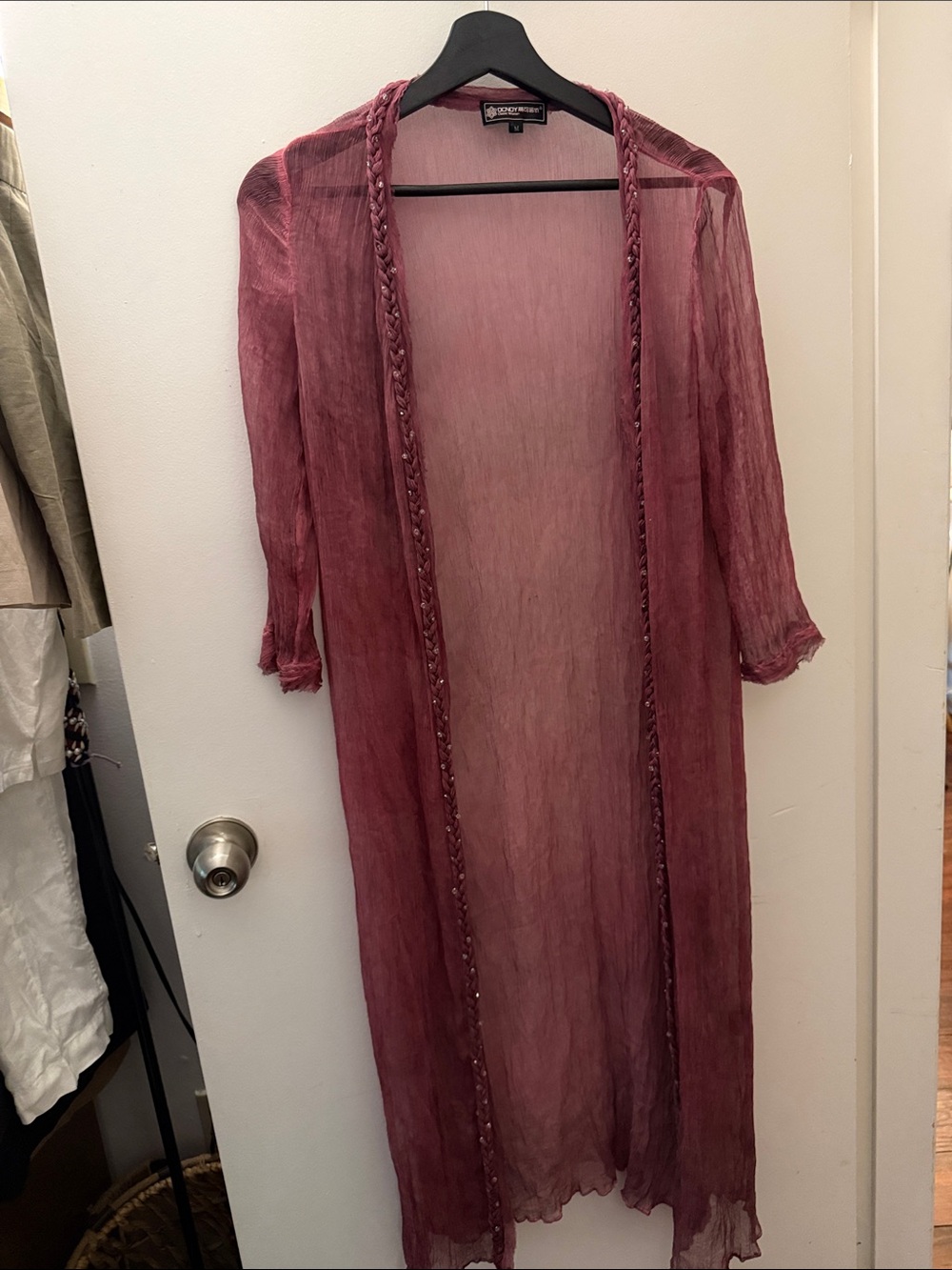 Silk Sheer Long Sleeve Duster - Mauve Swarovski Crystal detail kimono cover up
